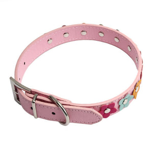 Cute Adjustable Floral Studded Leather Dog Collar