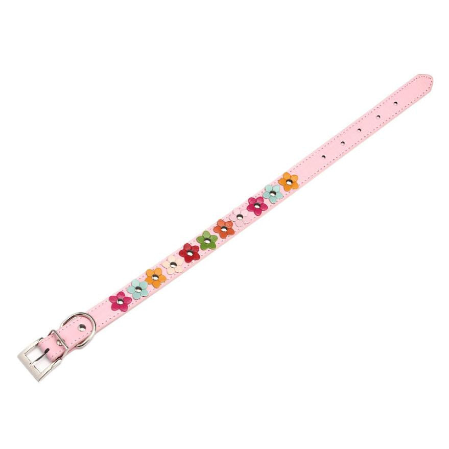 Cute Adjustable Floral Studded Leather Dog Collar