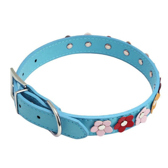 Cute Adjustable Floral Studded Leather Dog Collar