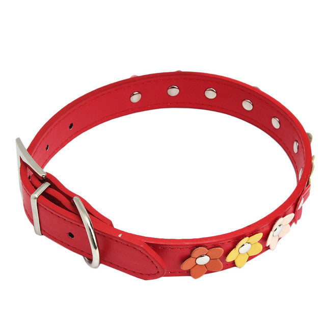 Cute Adjustable Floral Studded Leather Dog Collar