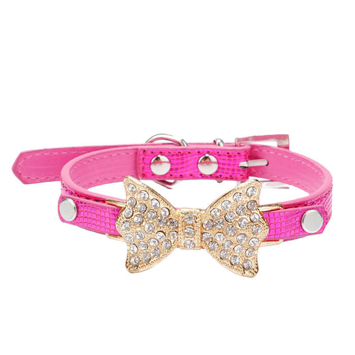 Adjustable Leather Dog Collar With Rhinestone Studded Bowknot Pendant