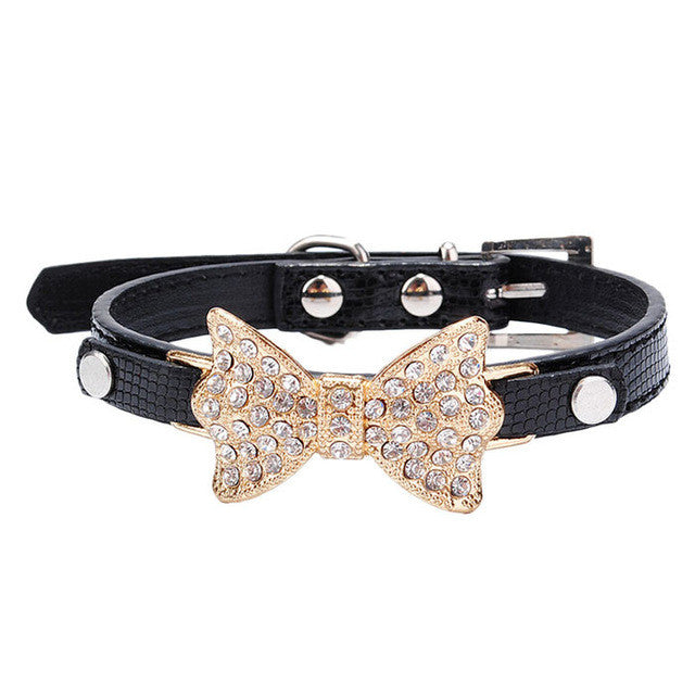 Adjustable Leather Dog Collar With Rhinestone Studded Bowknot Pendant