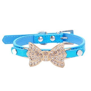 Adjustable Leather Dog Collar With Rhinestone Studded Bowknot Pendant