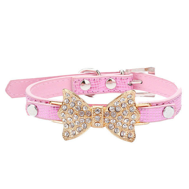 Adjustable Leather Dog Collar With Rhinestone Studded Bowknot Pendant