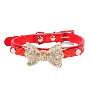 Adjustable Leather Dog Collar With Rhinestone Studded Bowknot Pendant